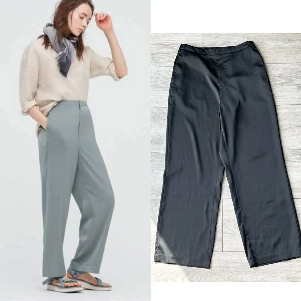 Uniqlo Satin Relaxed Straight Pants in Black - Picture 1 of 13
